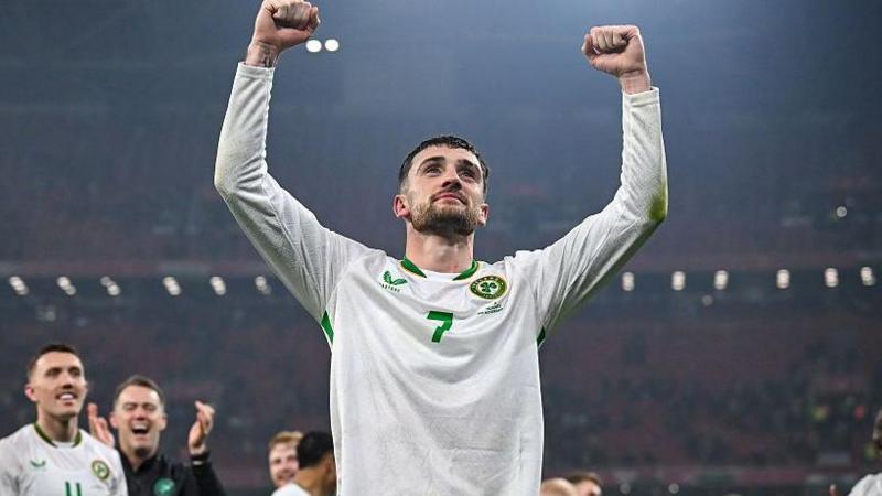Troy Parrott celebrates the Republic of Ireland's victory against Hungary in World Cup qualification