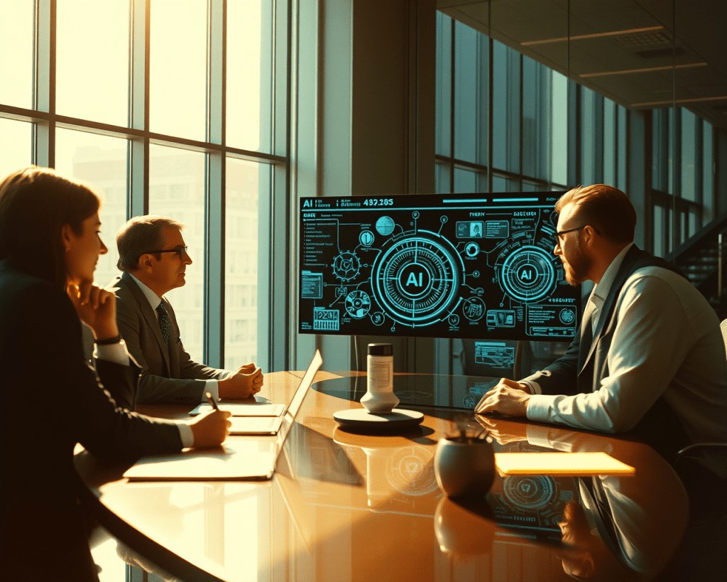Three business professionals are seated around a conference table in a modern office with large windows. They are focused on a digital screen displaying futuristic AI-related graphics and data. One person is taking notes on a laptop, while the others attentively observe the screen. The room is bathed in warm natural light.