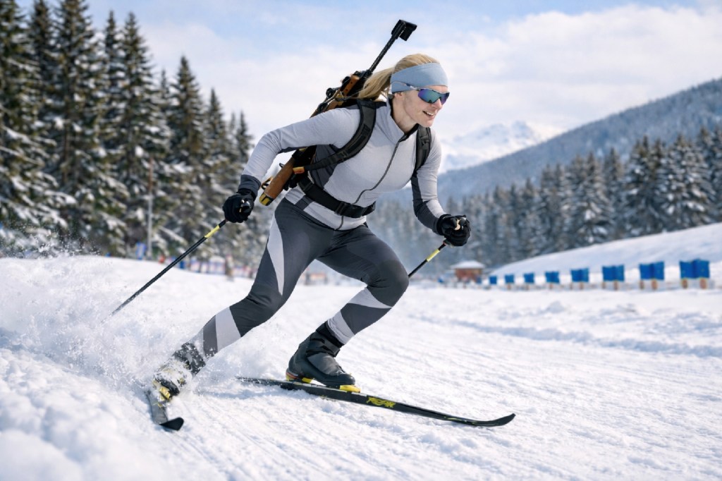 A person skiing on a snowy trail wearing a gray and black ski suit, gloves, and a headband. They have a rifle strapped to their back and are using ski poles, with snow spraying up behind them. The background features snow-covered trees and mountains under a partly cloudy sky.