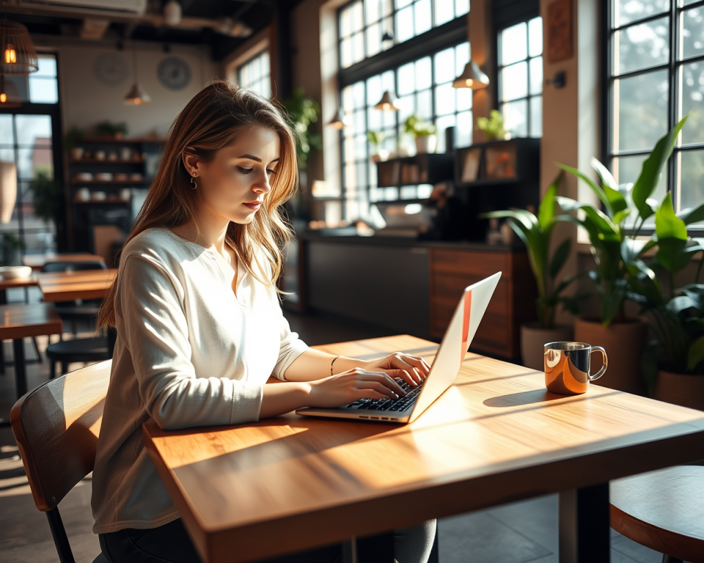 Young woman with long hair wearing a white top, sitting at a wooden table in a sunlit modern cafe, typing on a laptop with a metallic mug placed nearby. Large windows and green plants are visible in the background.