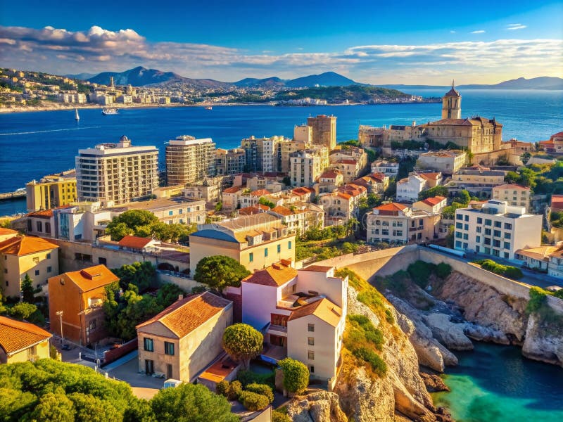 A coastal cityscape featuring a mix of modern and traditional buildings with red-tiled roofs, situated on rocky cliffs overlooking a deep blue sea. In the background, there are mountains and a partly cloudy sky, with a few boats sailing on the water. The scene is brightly lit by sunlight, highlighting the vibrant colors of the buildings and natural surroundings.