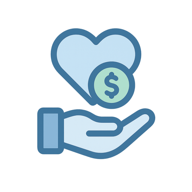 Icon of a hand holding up a heart with a dollar sign, representing charitable giving or financial support