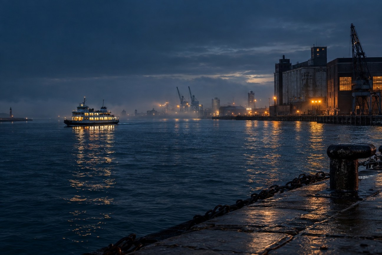 An illuminated ferry crosses a dark harbor beside amber-lit warehouses.