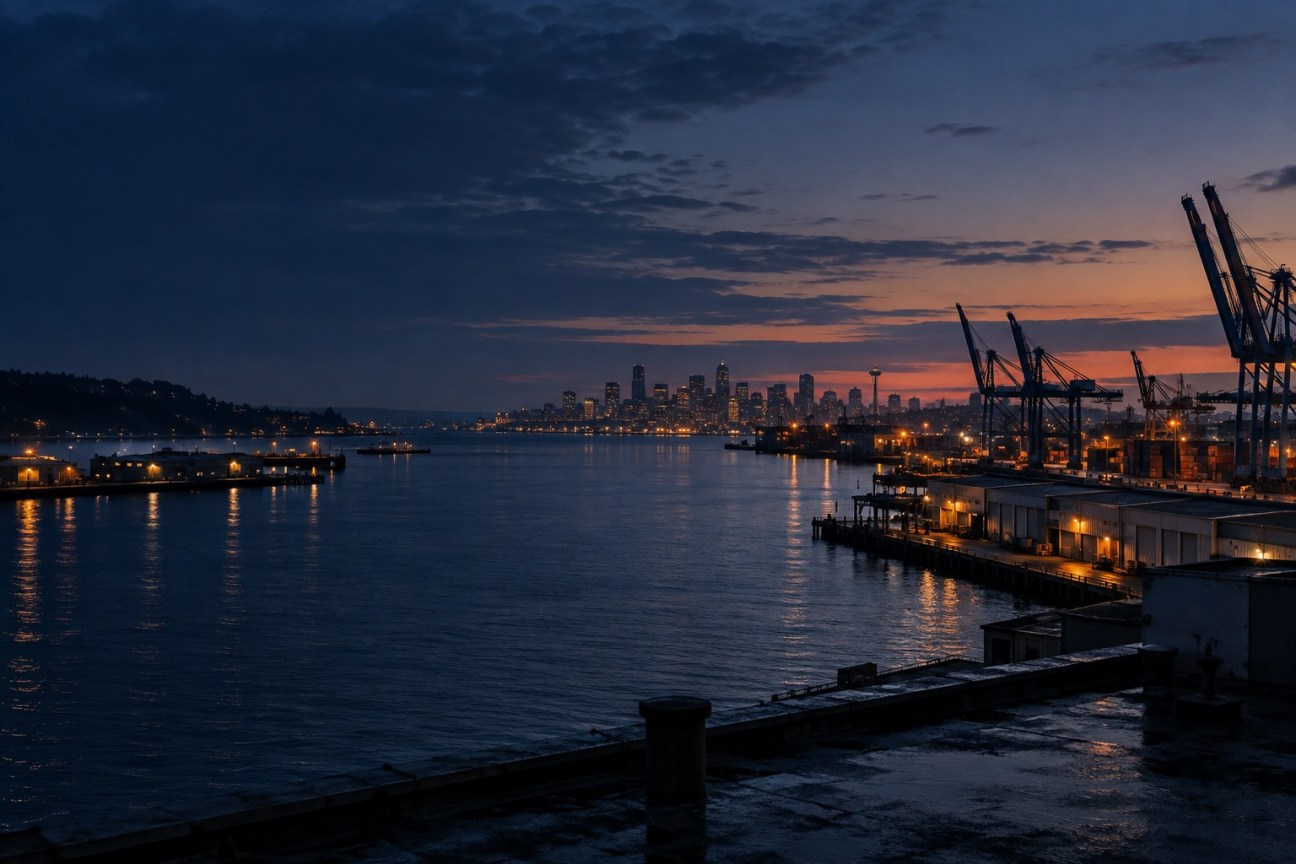 A harbor channel and distant skyline at dusk, with cranes and warm warehouse lights.