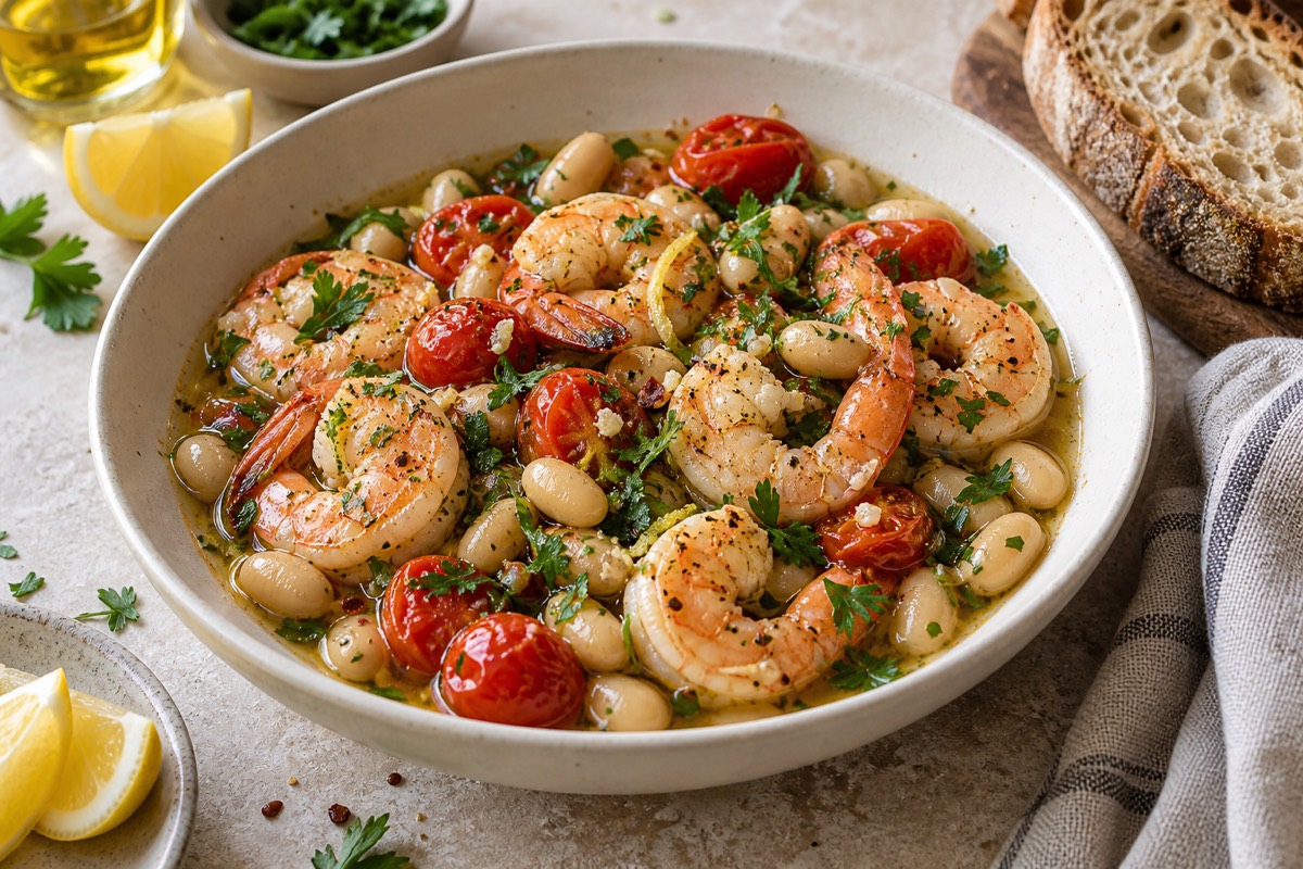 Finished shrimp and white beans with lemon and parsley.