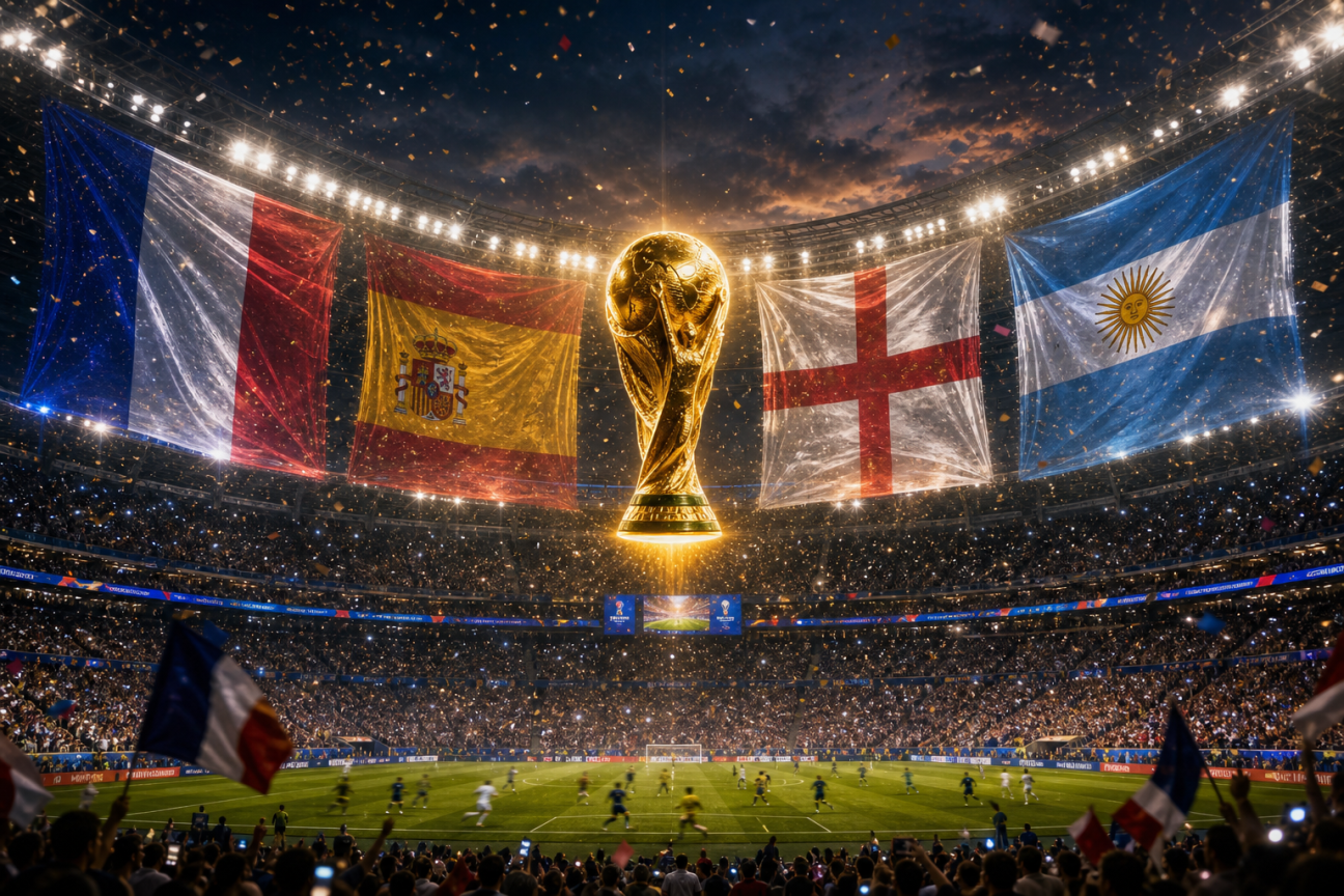 Packed stadium at night with World Cup trophy suspended above pitch, flanked by France, Spain, England, and Argentina flags