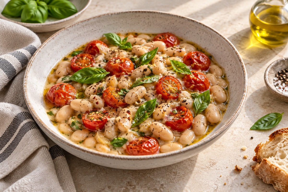 A bowl of creamy white beans with cherry tomatoes and basil, no shrimp.