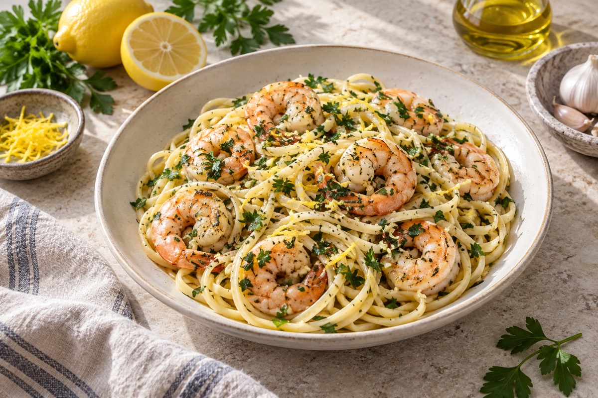 A plated lemon parsley shrimp linguine with no beans.