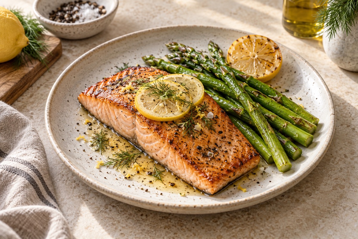 A pan seared salmon fillet with lemon and green asparagus.