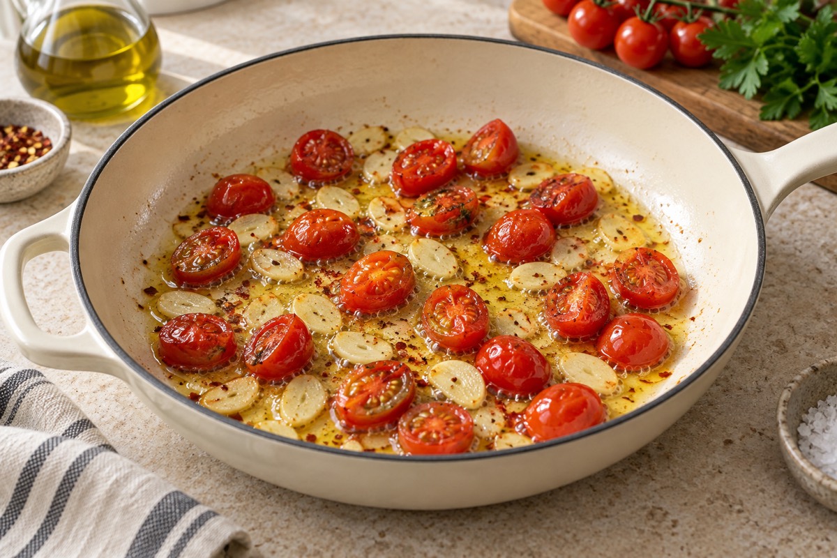 Sliced garlic and halved cherry tomatoes gently sizzling in olive oil in an ivory enamel skillet, before any beans or shrimp are added.