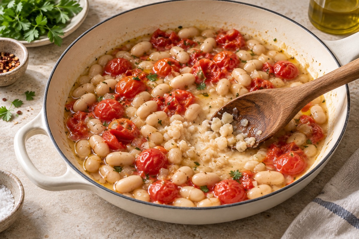 Cannellini beans and softened cherry tomatoes simmering in pale broth in an ivory enamel skillet. Wooden spoon mashing a few beans against the pan. No shrimp yet.