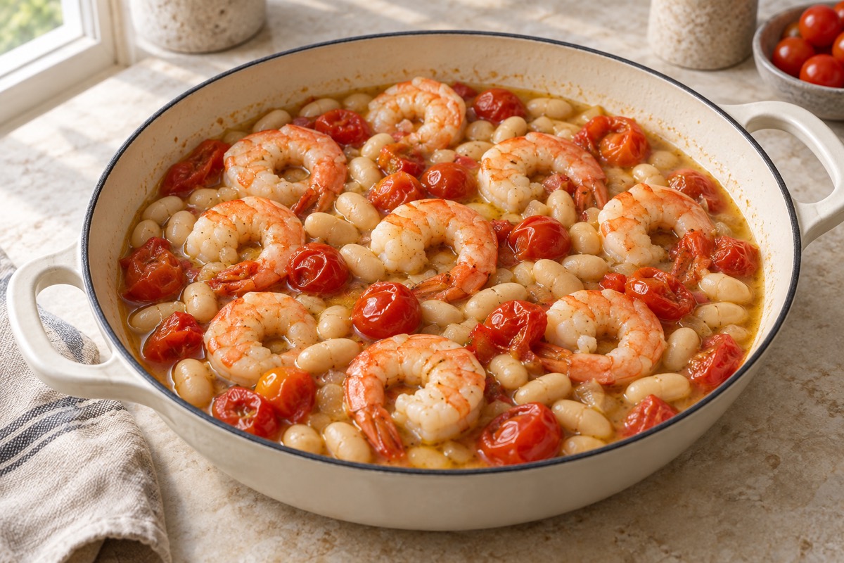 Pink opaque cooked shrimp nestled in white cannellini beans and cherry tomatoes in an ivory enamel skillet with light broth. No garnish yet.