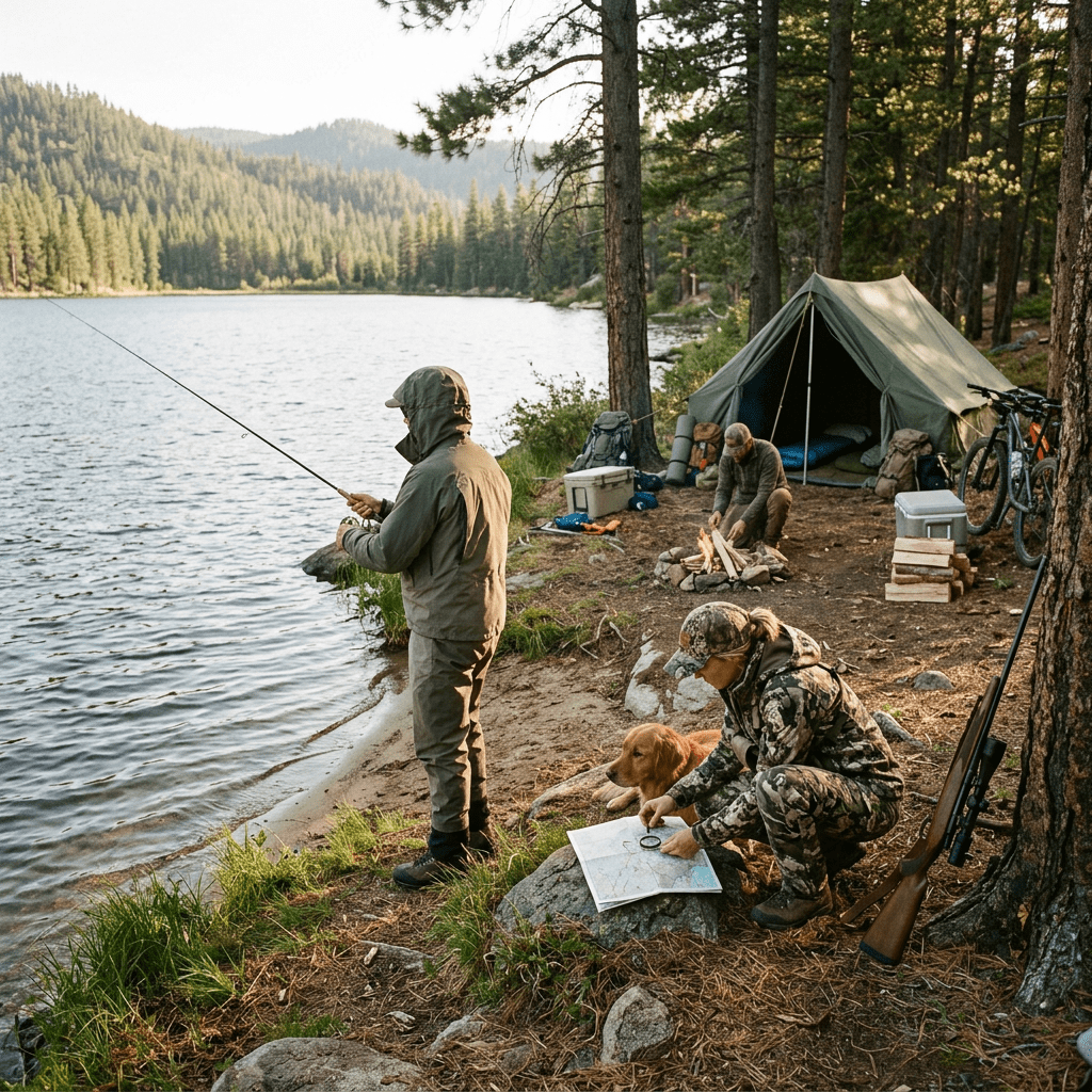 Campers fish and study a map beside a tent on a mountain lake shore